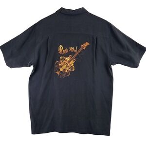 Luau 100% Silk Rock On Guitar Embroidered Herringbone Shirt Mens‎ Medium Black